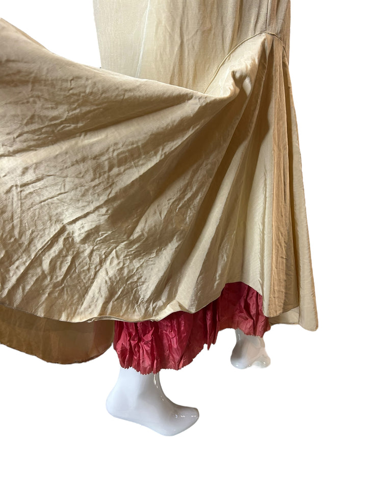 1930s Cream Woodgrain Rayon Gown with Red Pleated Neckline