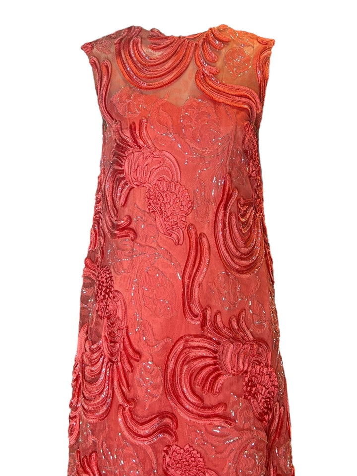 1960s Coral Pink Embroidered Shift Dress