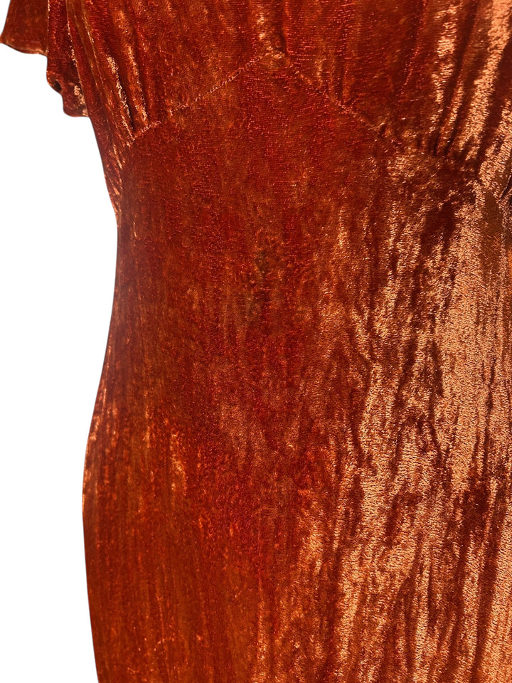 Vintage 1930s Grecian Inspired Crushed Velvet Evening Gown in Burnt Orange, Dresses, 1930s, RERACKED