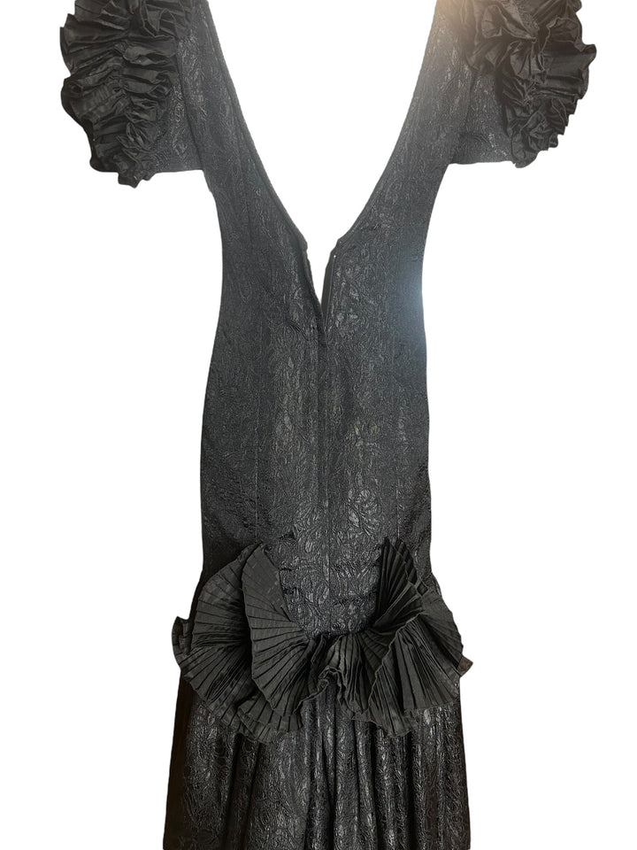 Victor Costa Structural Black Brocade Gown with Origami Pleating