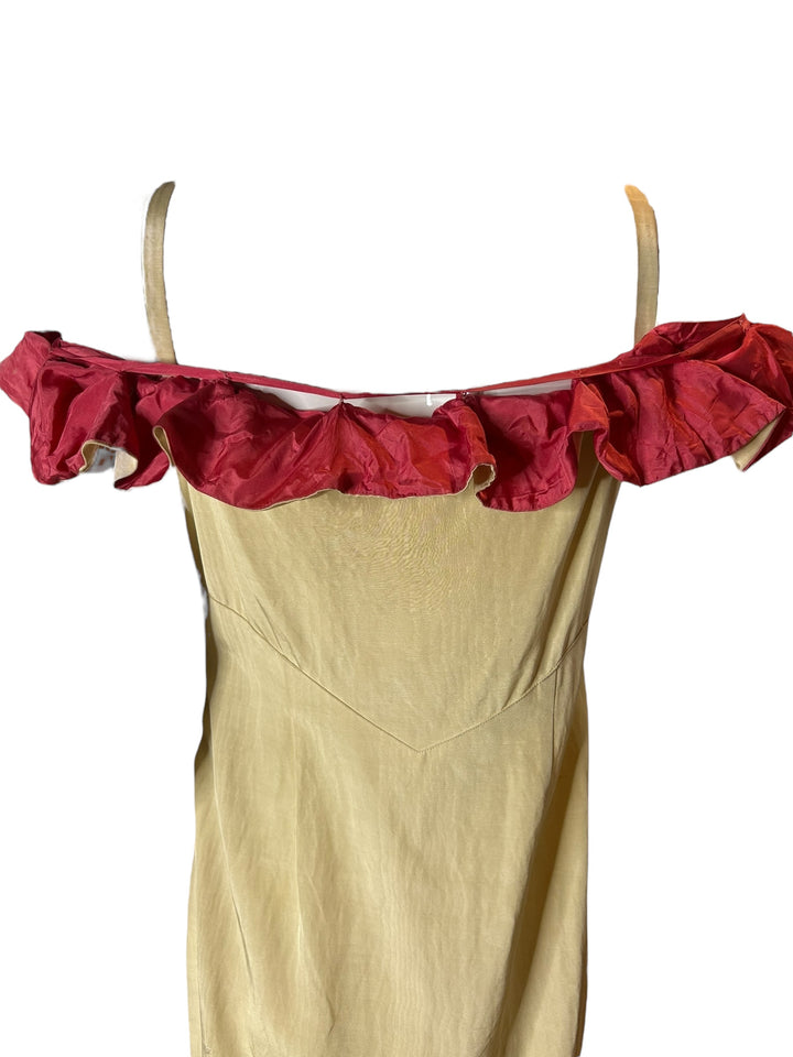 1930s Cream Woodgrain Rayon Gown with Red Pleated Neckline