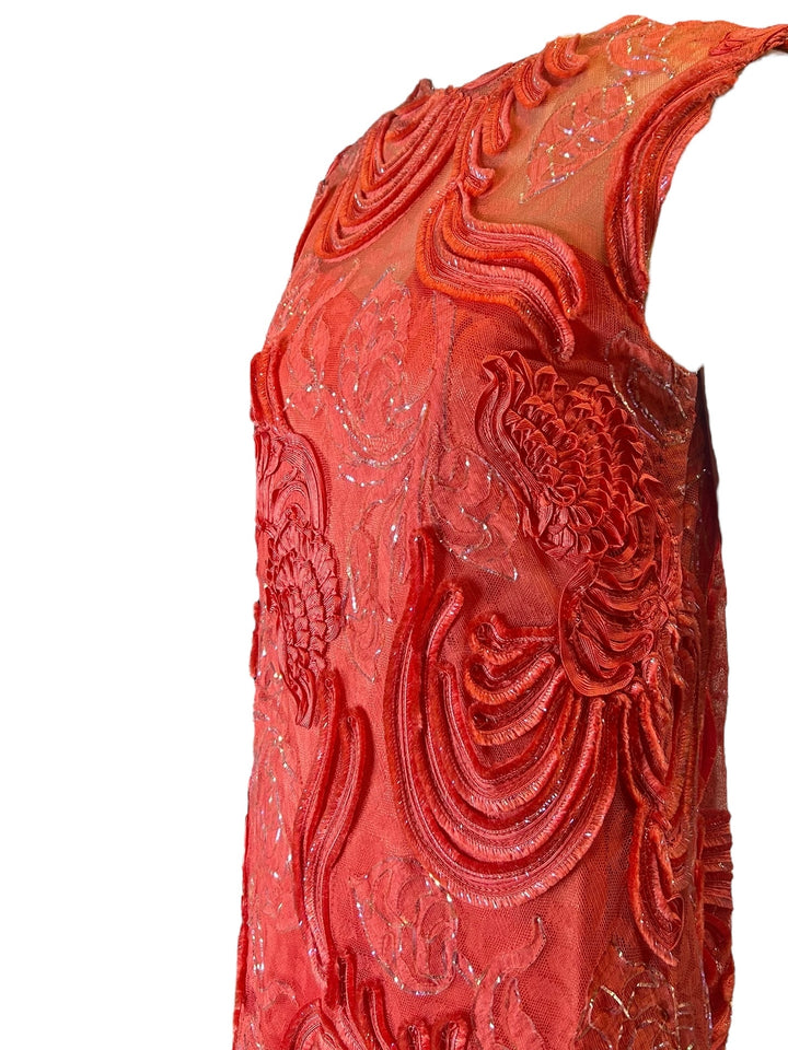 1960s Coral Pink Embroidered Shift Dress