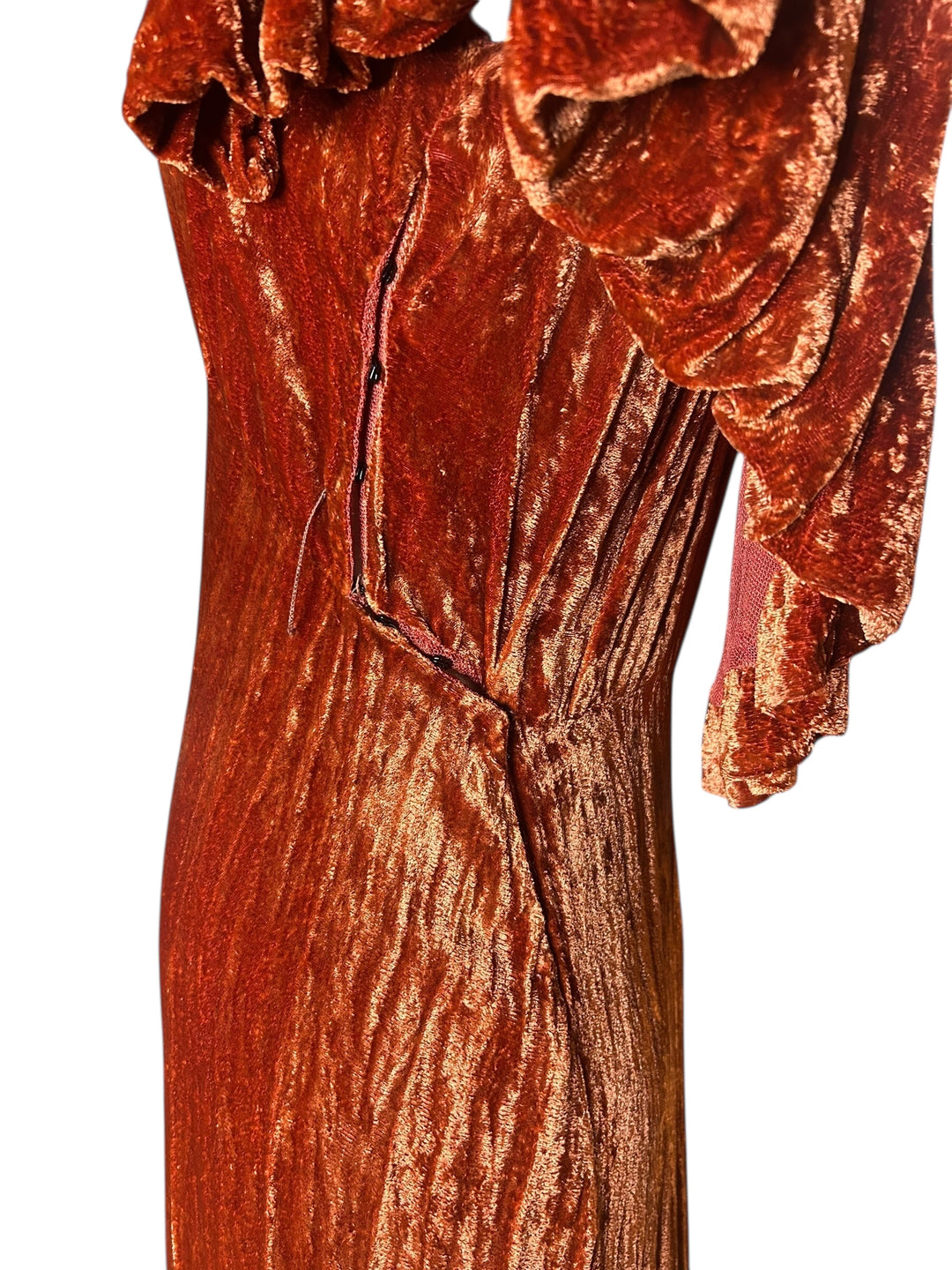 Vintage 1930s Grecian Inspired Crushed Velvet Evening Gown in Burnt Orange, Dresses, 1930s, RERACKED