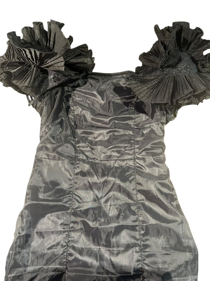 Victor Costa Structural Black Brocade Gown with Origami Pleating