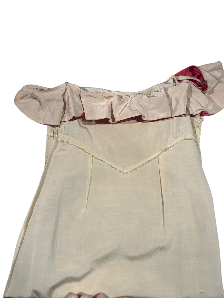 1930s Cream Woodgrain Rayon Gown with Red Pleated Neckline