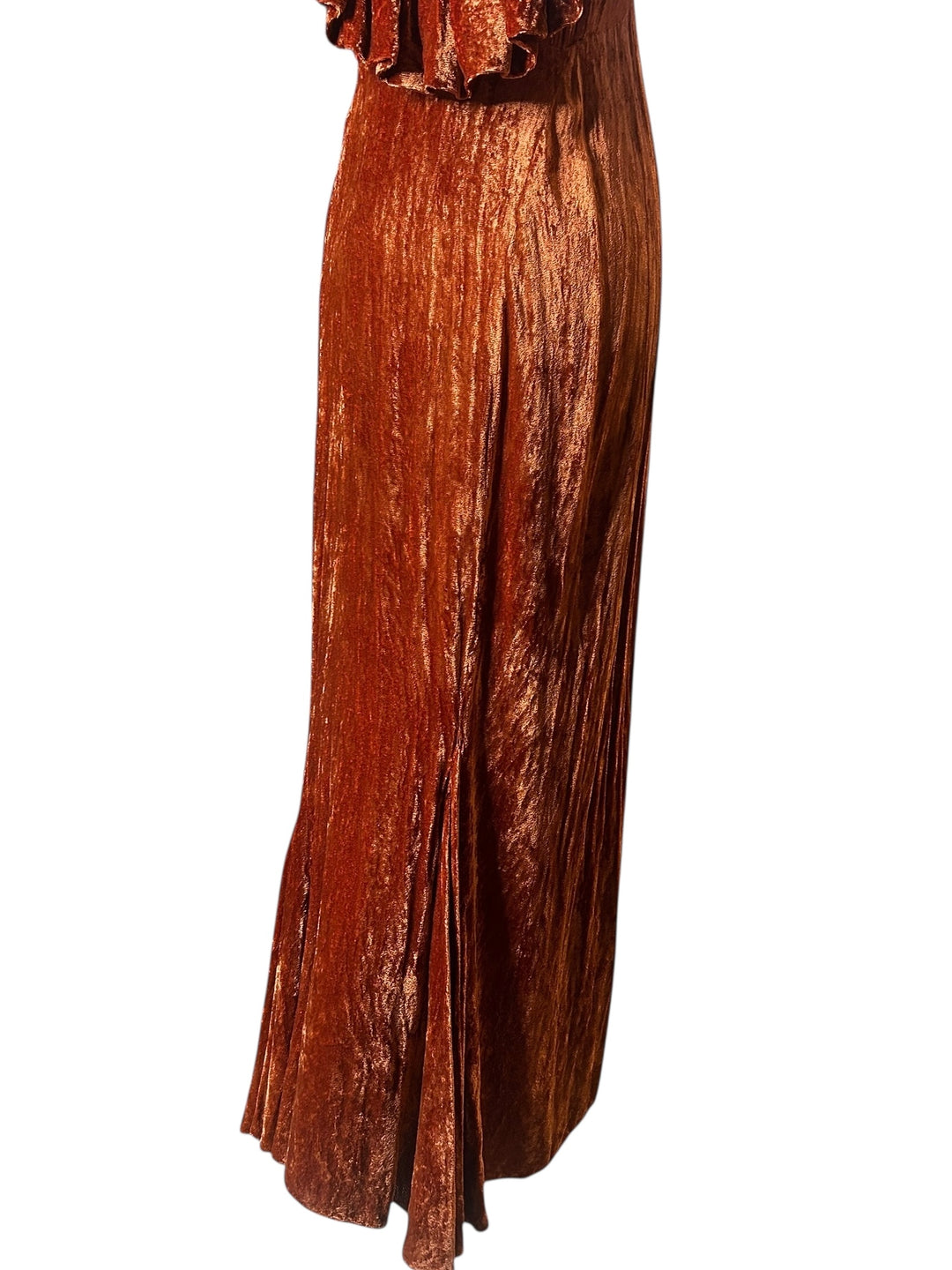 Vintage 1930s Grecian Inspired Crushed Velvet Evening Gown in Burnt Orange, Dresses, 1930s, RERACKED