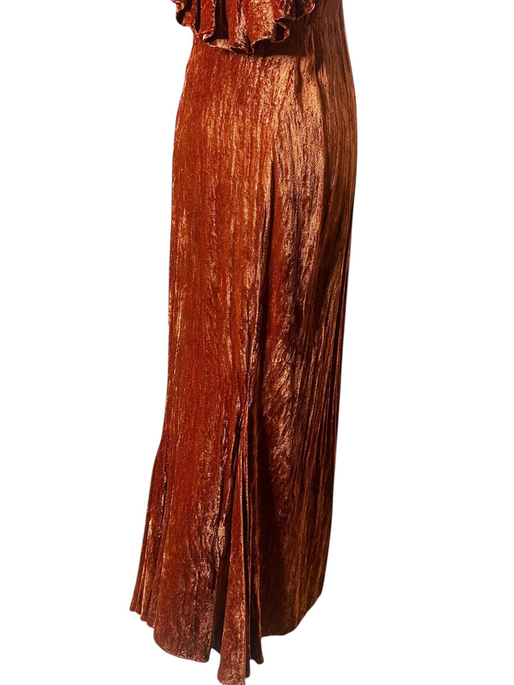 Vintage 1930s Grecian Inspired Crushed Velvet Evening Gown in Burnt Orange, Dresses, 1930s, RERACKED