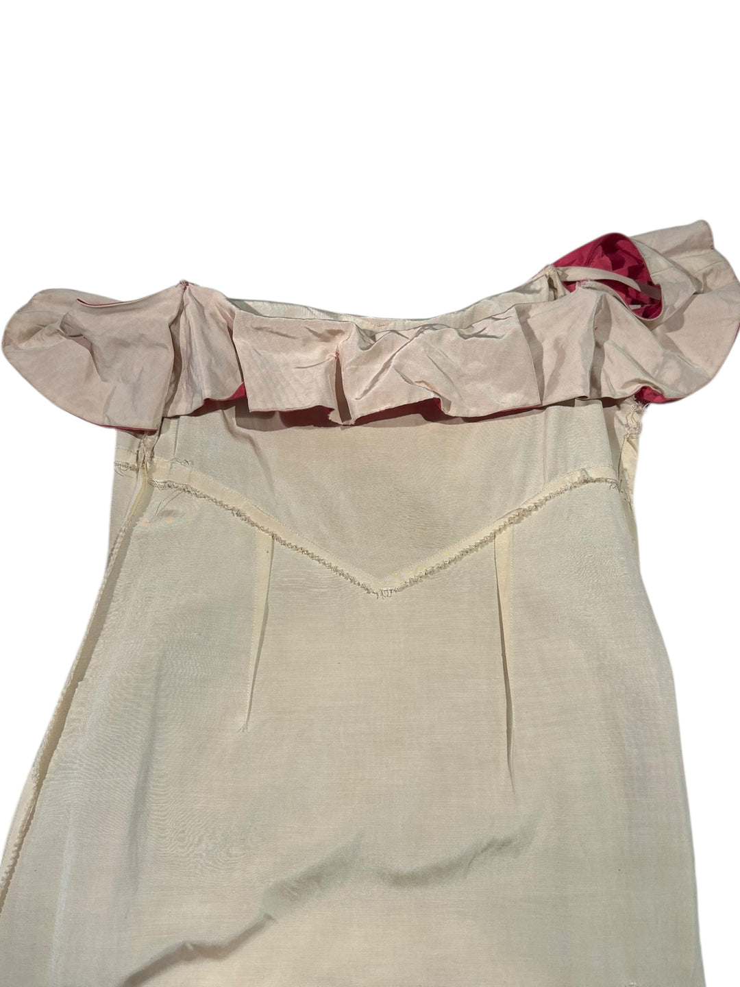 1930s Cream Woodgrain Rayon Gown with Red Pleated Neckline
