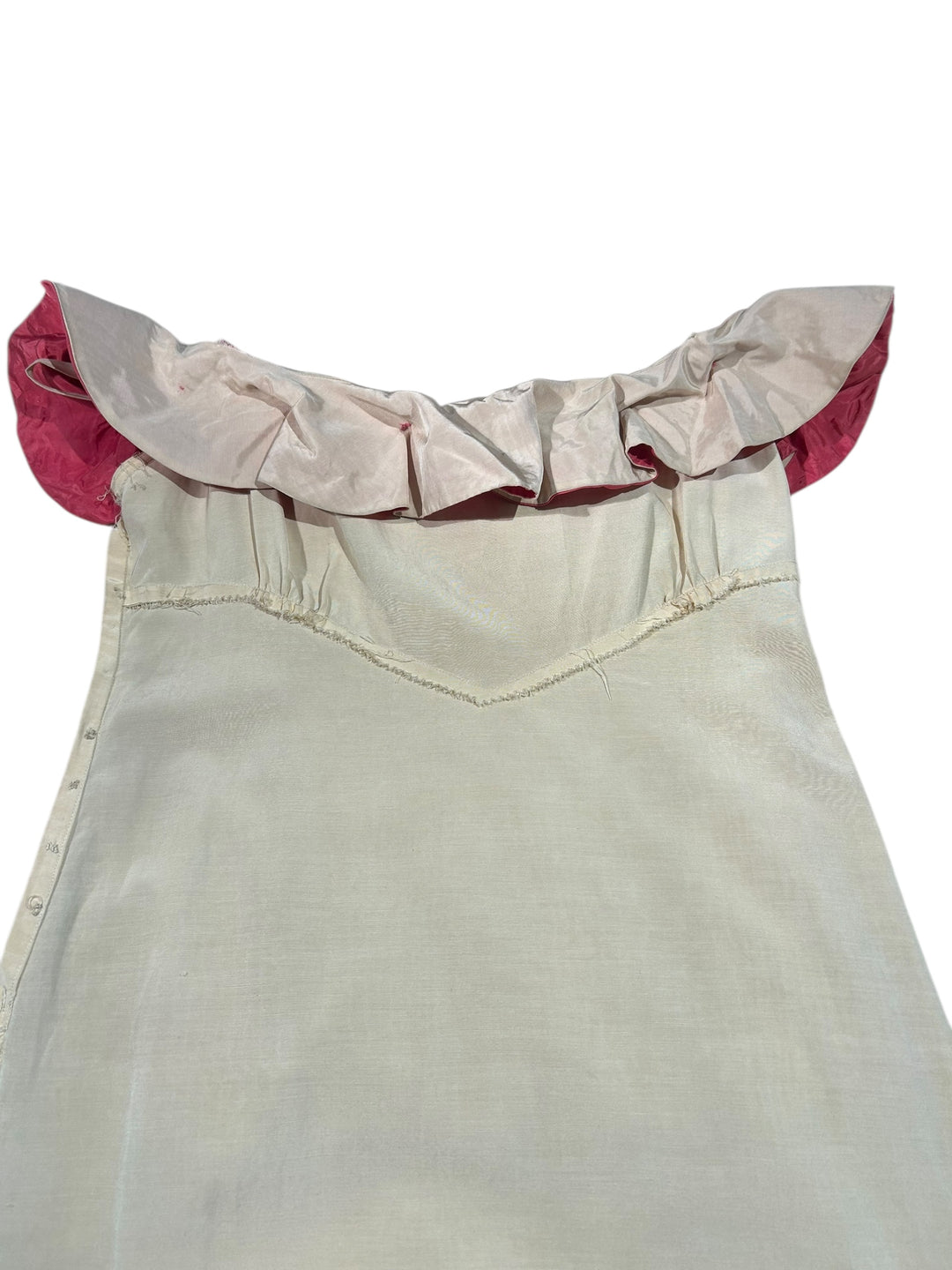 1930s Cream Woodgrain Rayon Gown with Red Pleated Neckline
