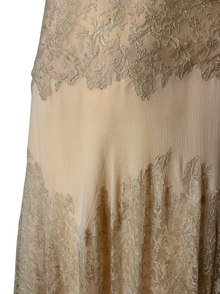 Vintage 1930s Peach Lace Silk Chiffon Drop Waist Gown