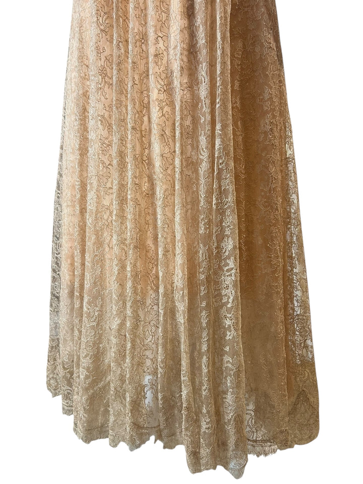 Vintage 1930s Peach Lace Silk Chiffon Drop Waist Gown