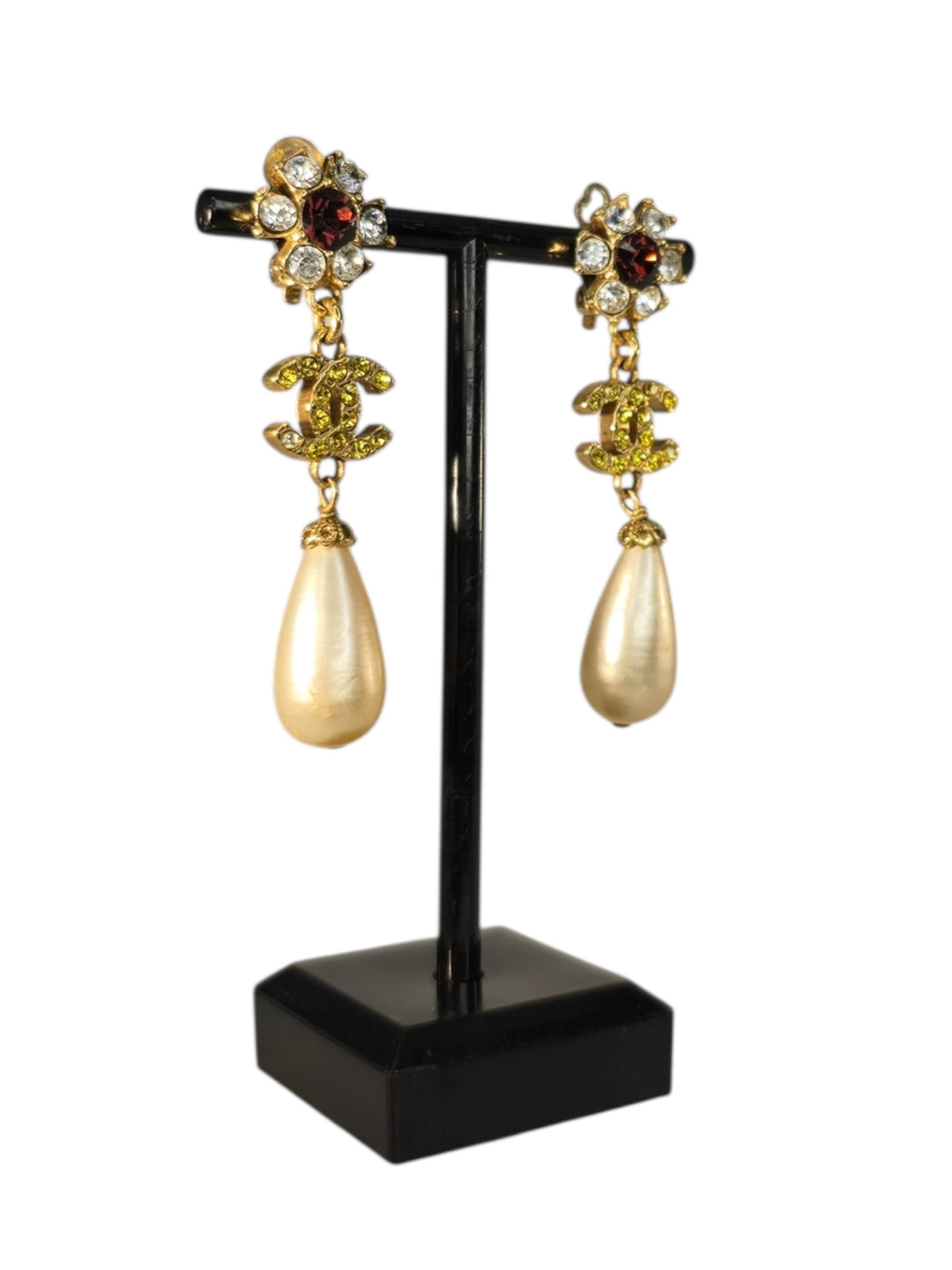 Chanel 1995 Gold Crystal CC Logo & Pearl Drop Clip-On Earrings, Accessories, Chanel, RERACKED