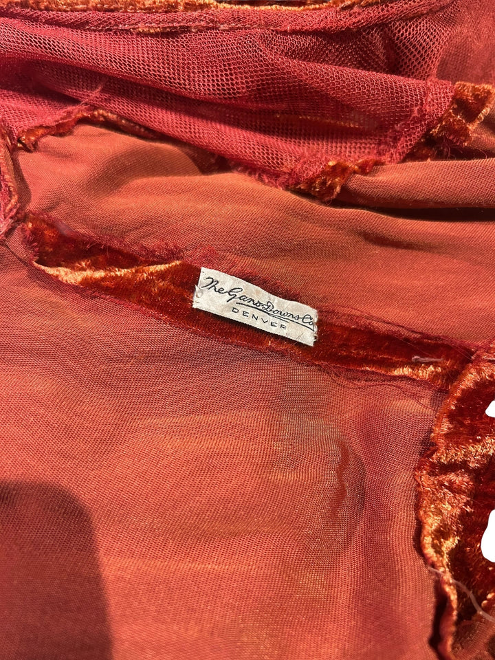 Vintage 1930s Grecian Inspired Crushed Velvet Evening Gown in Burnt Orange, Dresses, 1930s, RERACKED