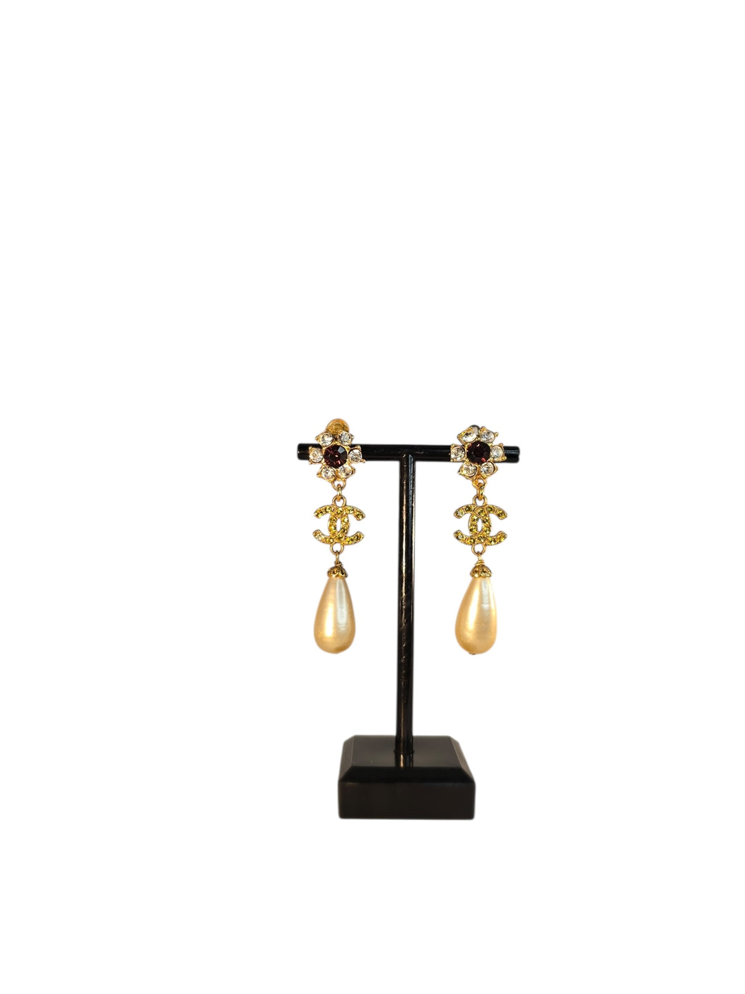 Chanel 1995 Gold Crystal CC Logo & Pearl Drop Clip-On Earrings, Accessories, Chanel, RERACKED