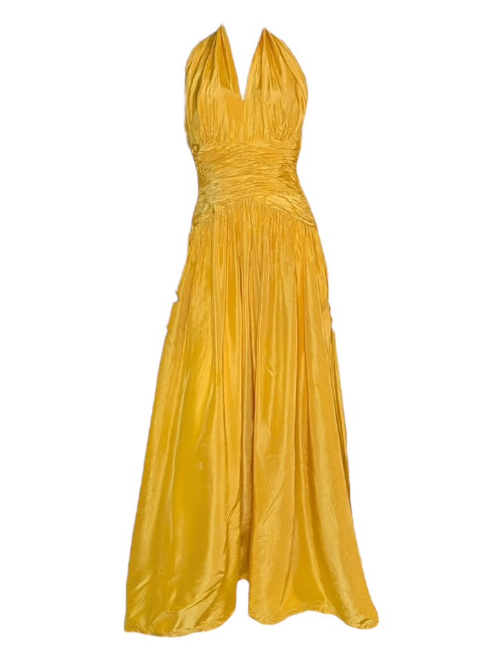 Late 1950s Tangerine Mustard Ruched Halter Ballgown