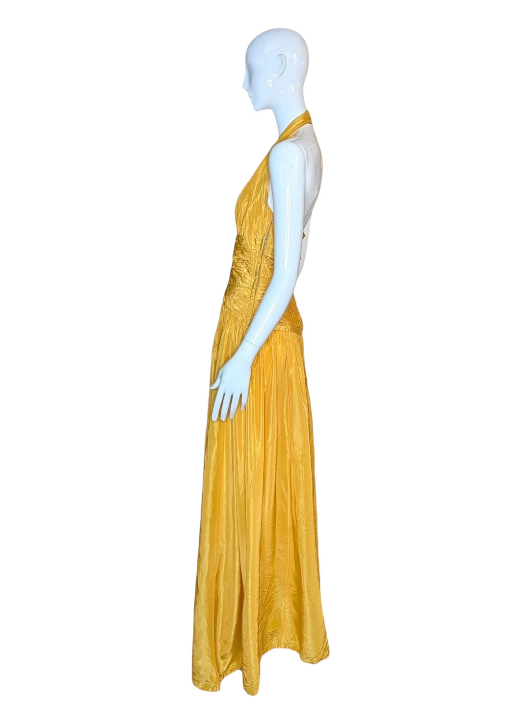 Late 1950s Tangerine Mustard Ruched Halter Ballgown