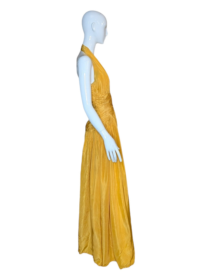 Late 1950s Tangerine Mustard Ruched Halter Ballgown