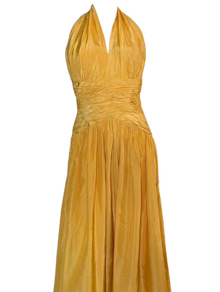 Late 1950s Tangerine Mustard Ruched Halter Ballgown