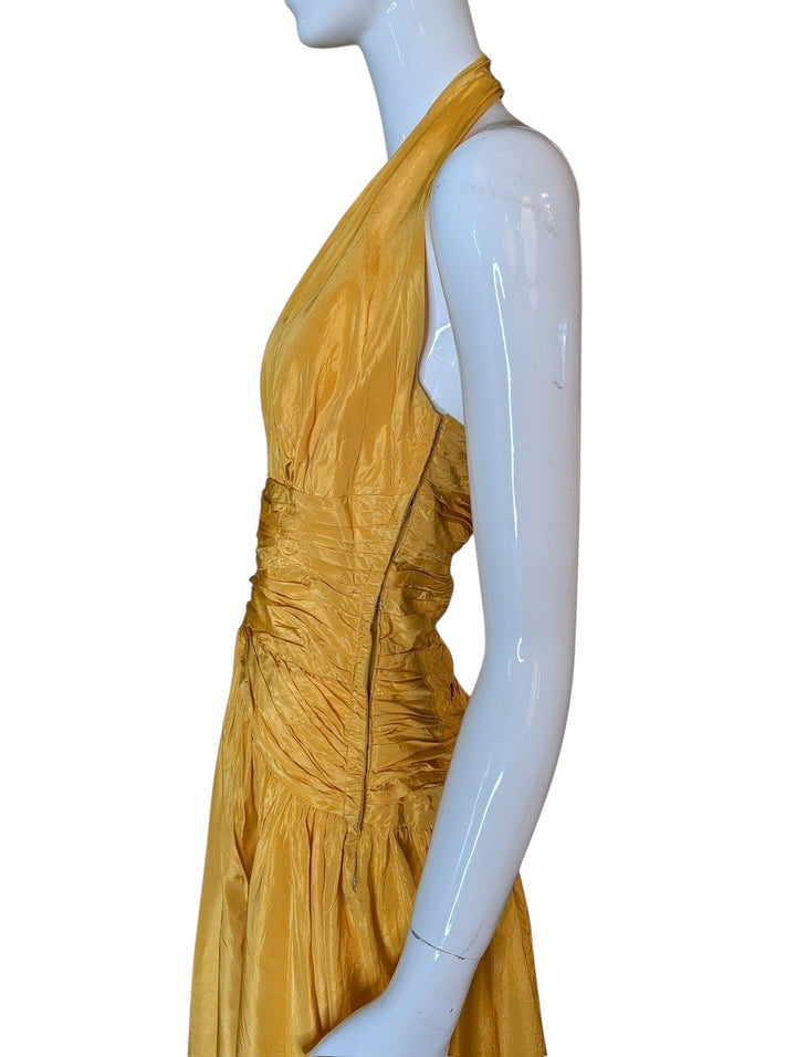 Late 1950s Tangerine Mustard Ruched Halter Ballgown