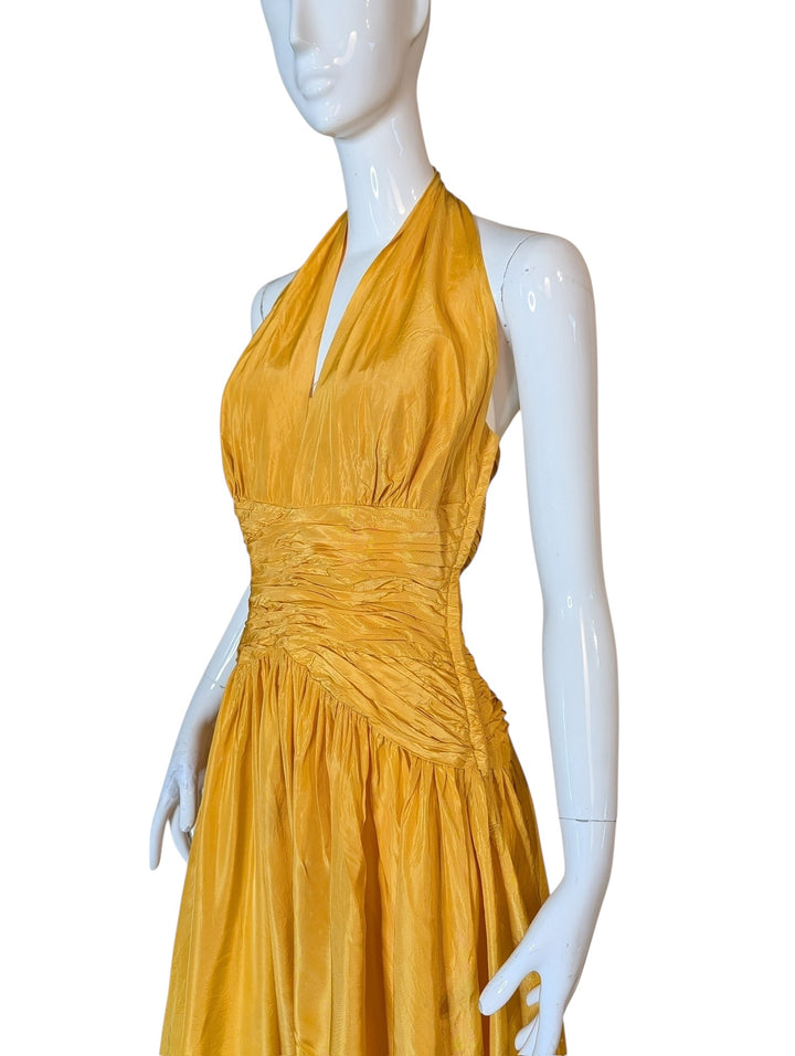 Late 1950s Tangerine Mustard Ruched Halter Ballgown