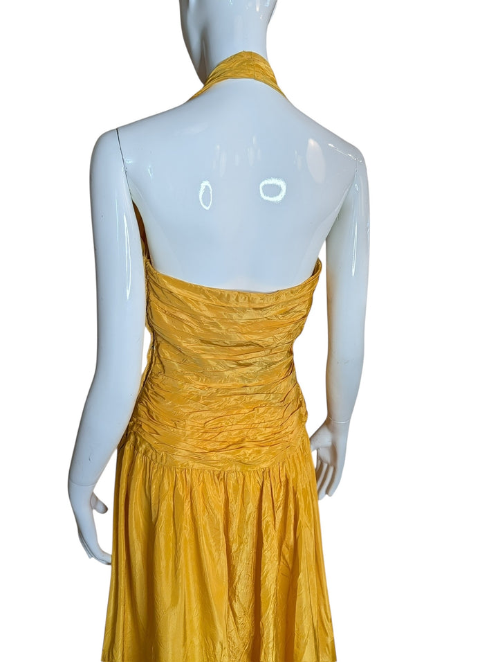 Late 1950s Tangerine Mustard Ruched Halter Ballgown