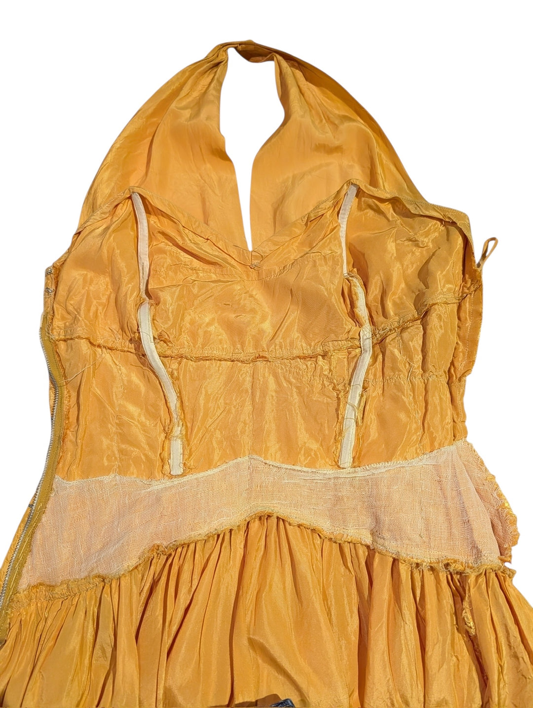 Late 1950s Tangerine Mustard Ruched Halter Ballgown