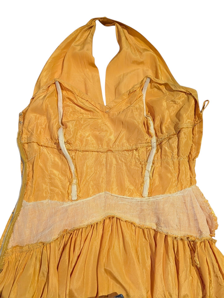 Late 1950s Tangerine Mustard Ruched Halter Ballgown