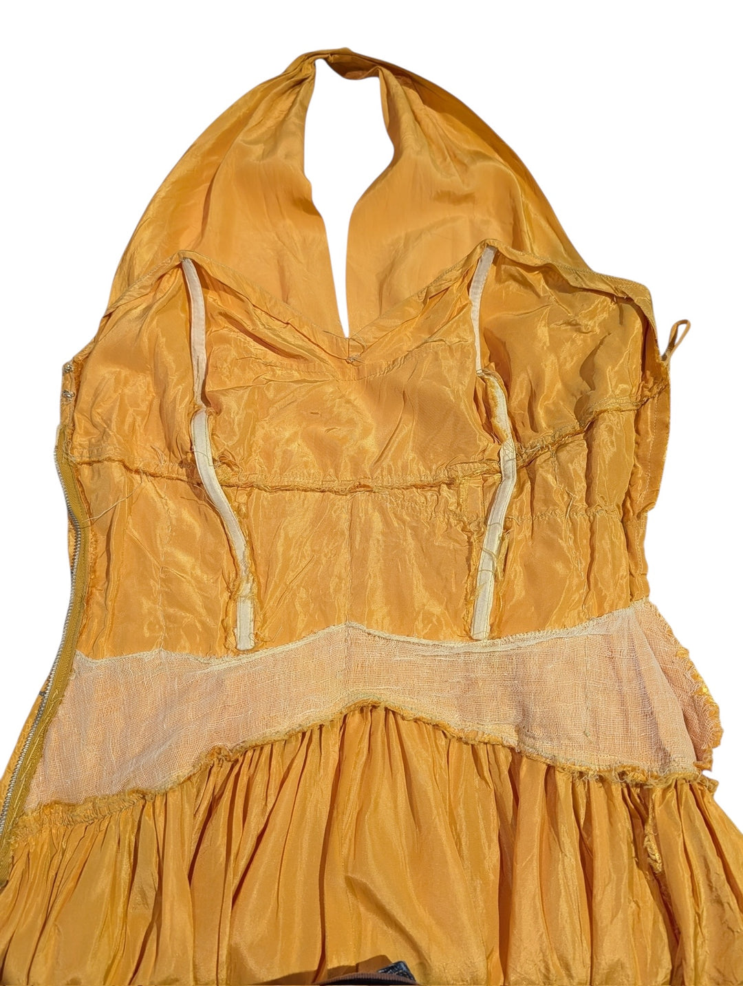Late 1950s Tangerine Mustard Ruched Halter Ballgown