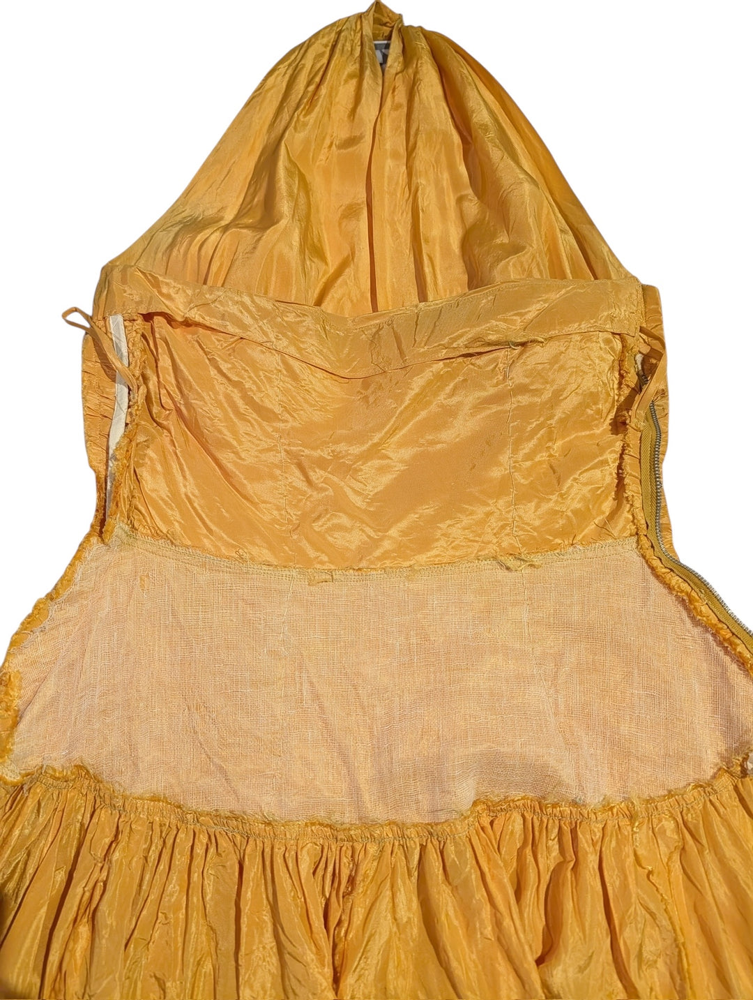 Late 1950s Tangerine Mustard Ruched Halter Ballgown
