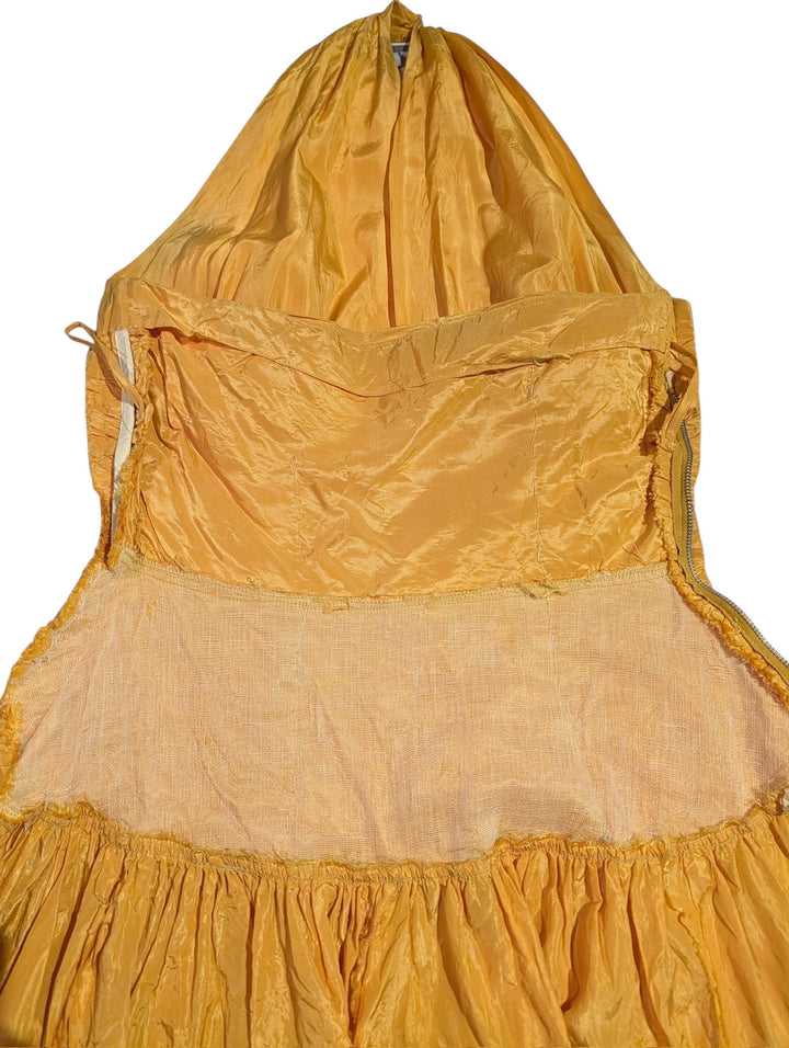 Late 1950s Tangerine Mustard Ruched Halter Ballgown