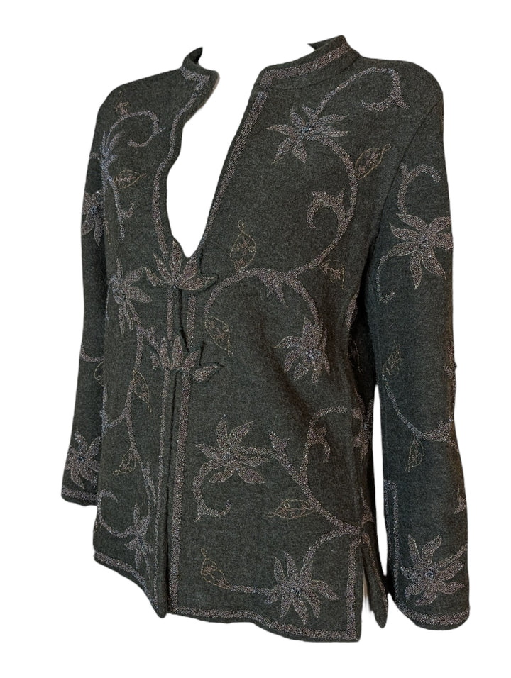 2000 Oscar de la Renta Forest Green Wool Sweater with Couture Beading