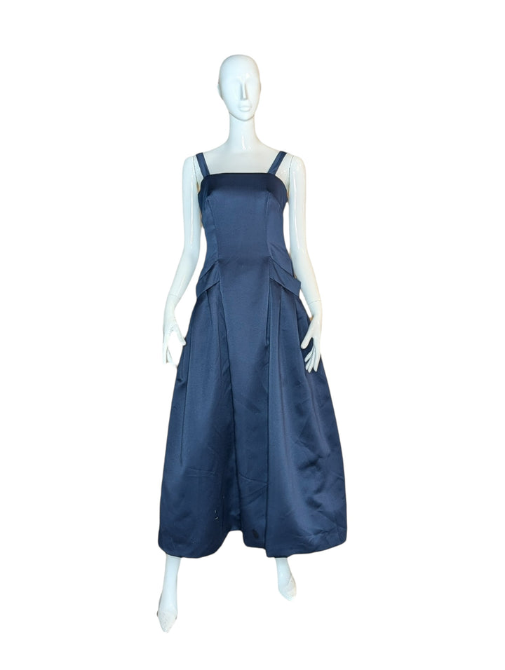 1960s Navy Rayon Drop-Waist Gown with Pockets