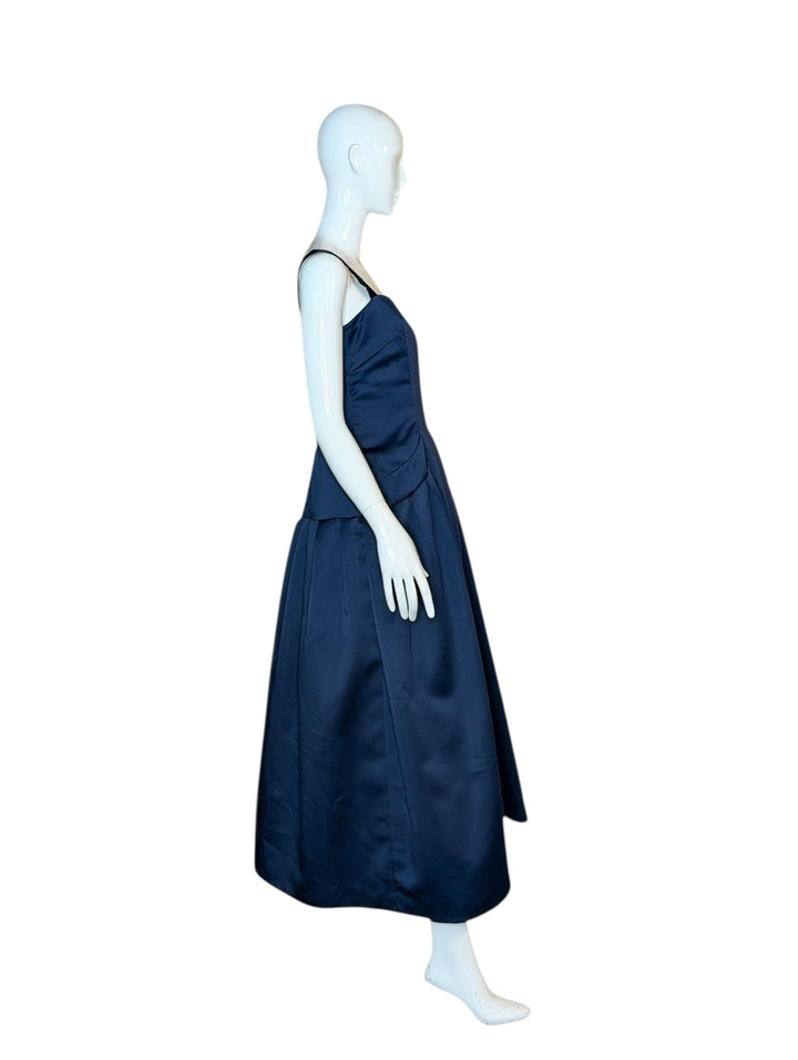 1960s Navy Rayon Drop-Waist Gown with Pockets
