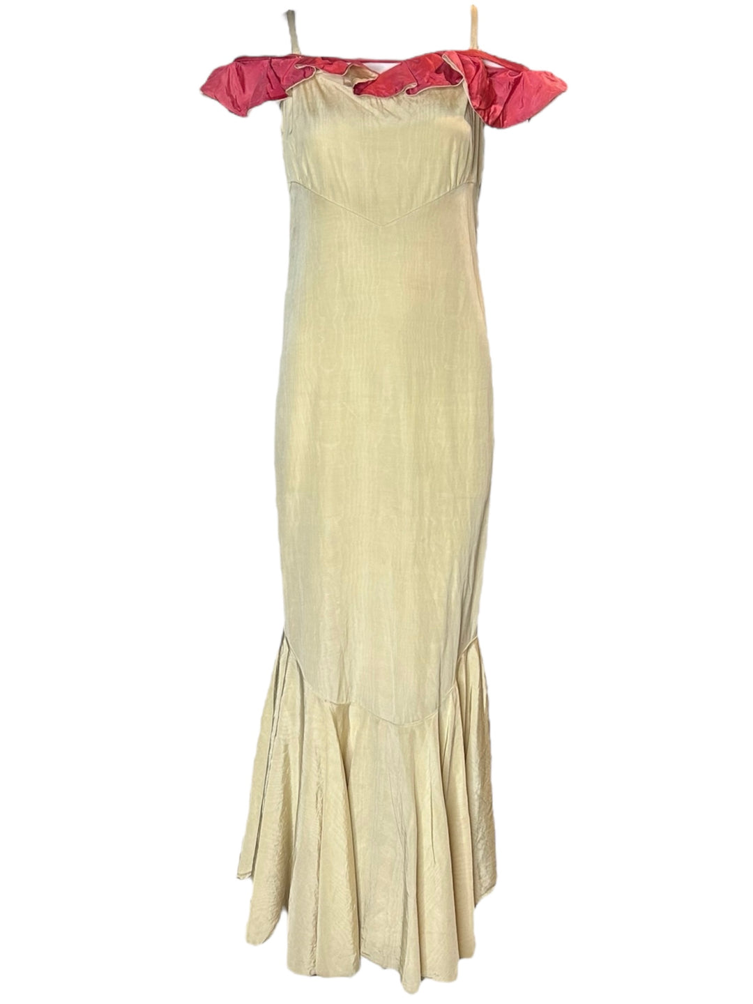 1930s Cream Woodgrain Rayon Gown with Red Pleated Neckline