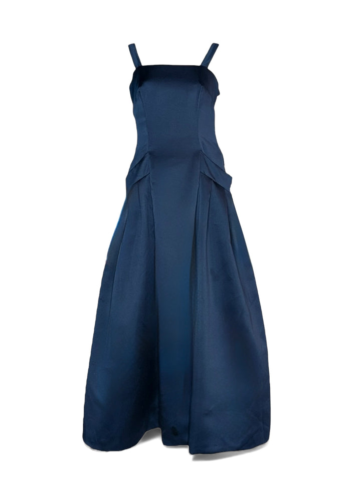 1960s Navy Rayon Drop-Waist Gown with Pockets