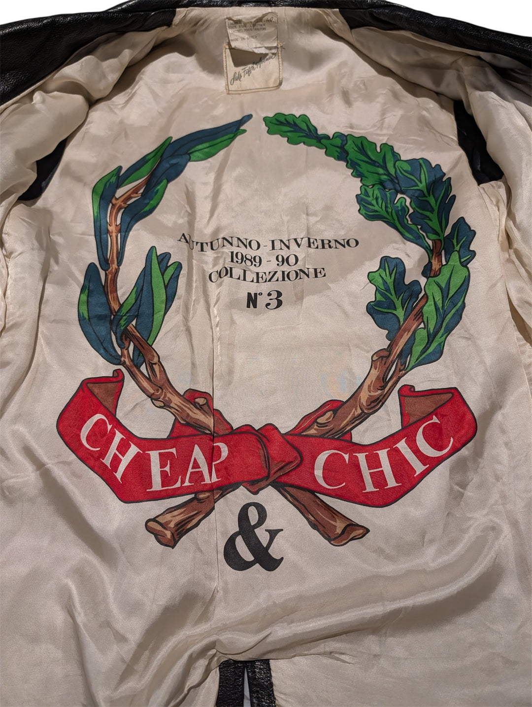 Vintage Moschino 1989 Black Leather Jacket with Illustrated Silk Lining