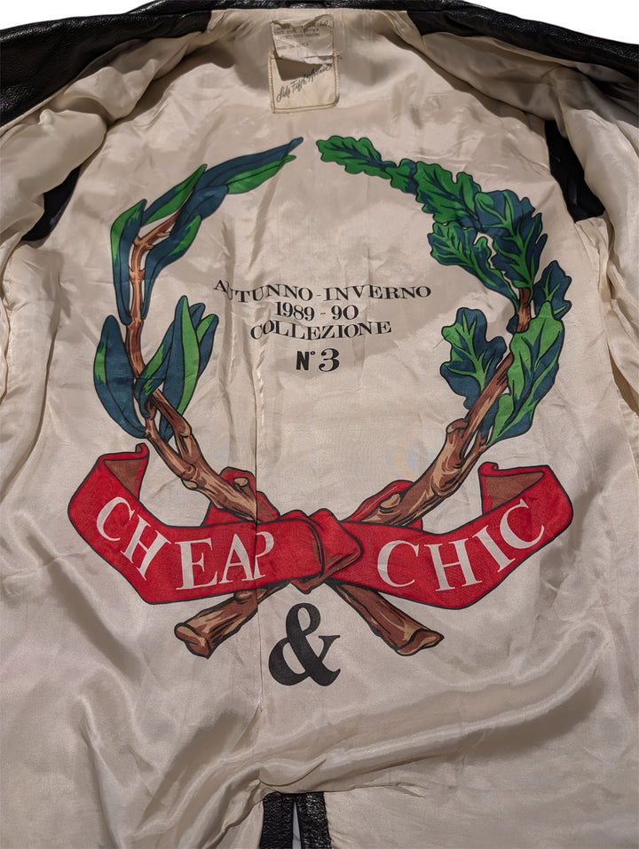 Vintage Moschino 1989 Black Leather Jacket with Illustrated Silk Lining