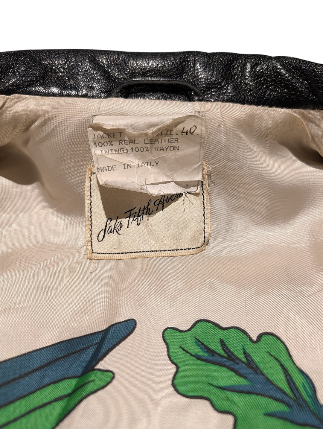 Vintage Moschino 1989 Black Leather Jacket with Illustrated Silk Lining