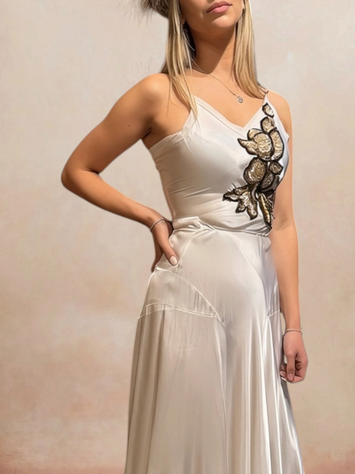 1930s Ivory Bias-Cut Silk Satin Trained Gown with Sequin Appliqué