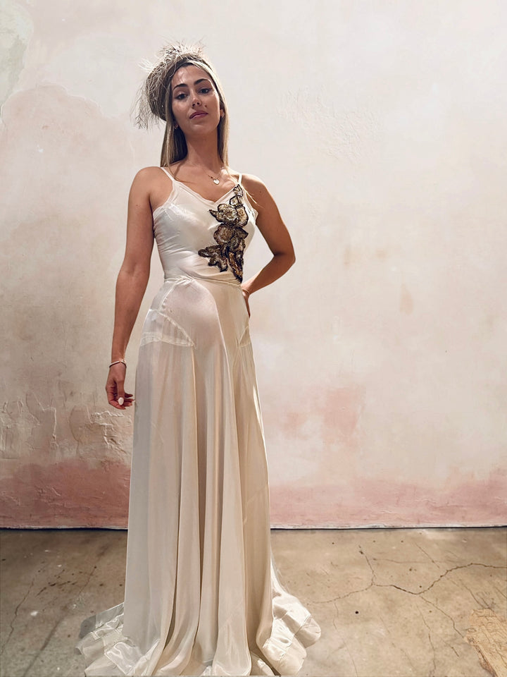 1930s Ivory Bias-Cut Silk Satin Trained Gown with Sequin Appliqué