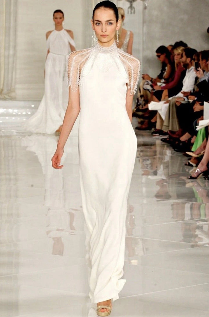 beadded runway dress Beaded Bodice A-line Dress with Fringe Silver / FR 48