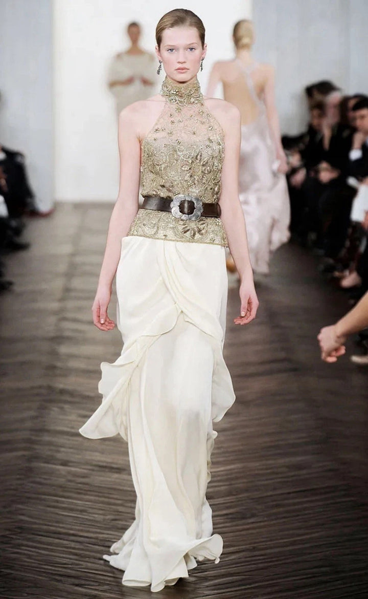 Ralph Lauren Fall 2009 Runway Beaded Lace Top & Silk Waterfall Skirt Set – Vintage Couture Bridal Ensemble, Apparel & Accessories, Ralph Lauren Collection, RERACKED