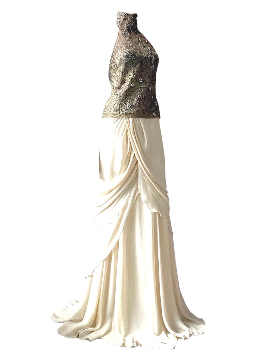 Ralph Lauren Fall 2009 Runway Beaded Lace Top & Silk Waterfall Skirt Set – Vintage Couture Bridal Ensemble, Apparel & Accessories, Ralph Lauren Collection, RERACKED