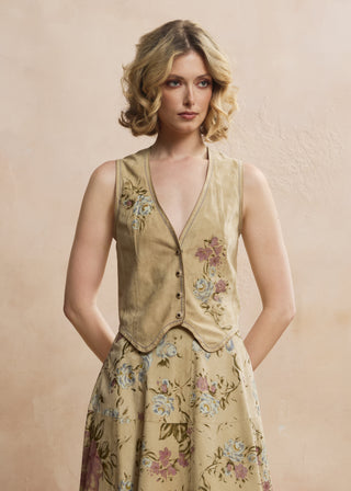 Look 02 — Sand Floral Suede Vest &amp; Skirt