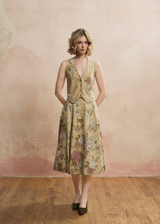 Look 02 — Sand Floral Suede Vest &amp; Skirt