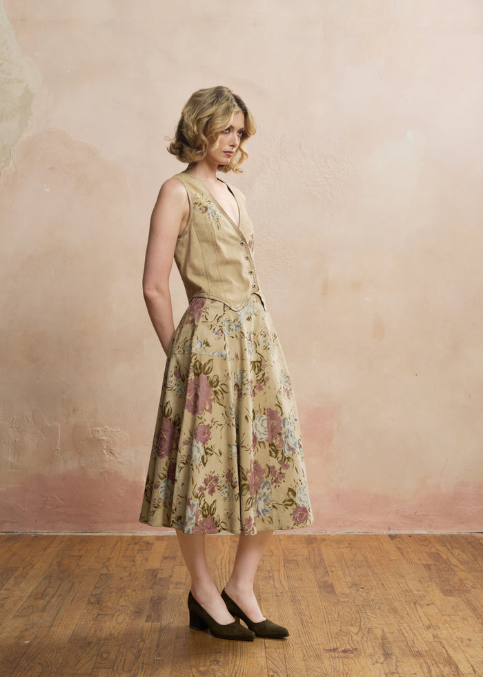 Look 02 — Sand Floral Suede Vest &amp; Skirt