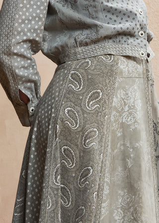 Look 03 — Grey Paisley-Print Suede Shirt &amp; Skirt