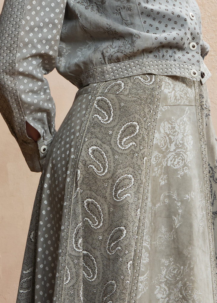 1970s Roberto Cavalli for Crissa Dove Grey Printed Suede Patchwork Jacket and Skirt Set