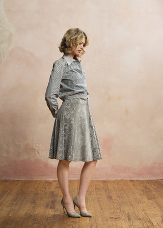 Look 03 — Grey Paisley-Print Suede Shirt &amp; Skirt