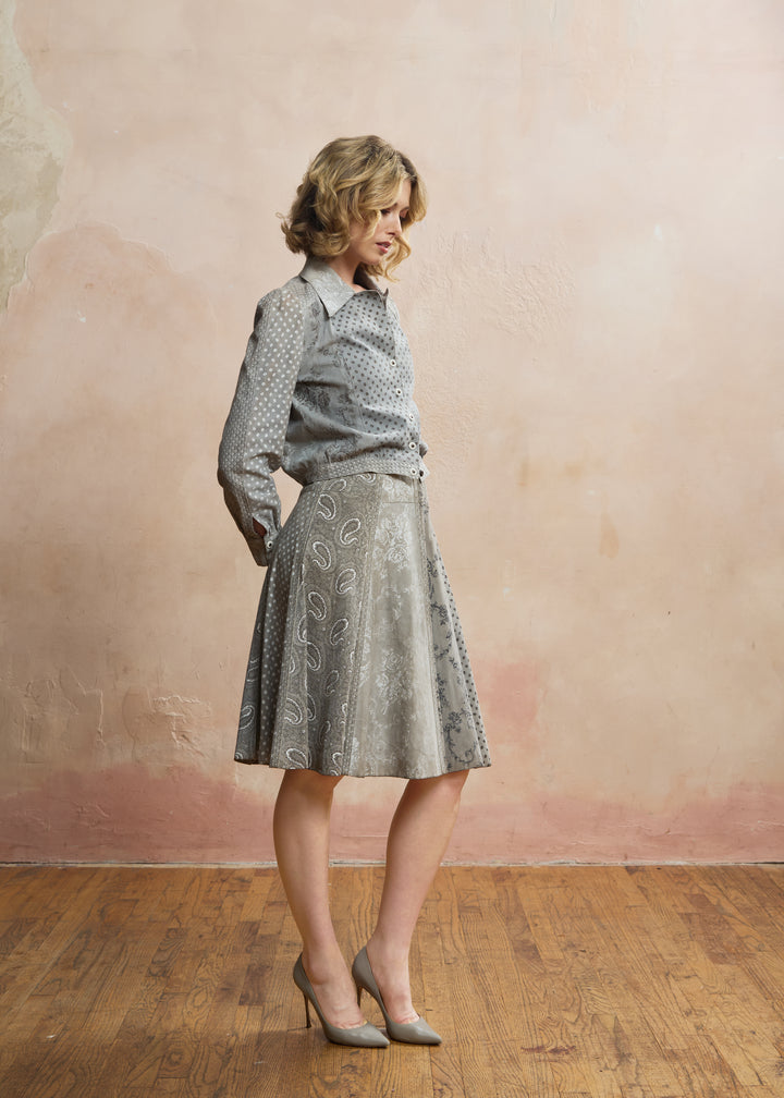 1970s Roberto Cavalli for Crissa Dove Grey Printed Suede Patchwork Jacket and Skirt Set